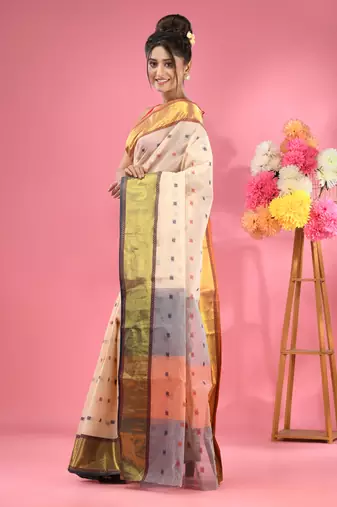 Off White Pure Cotton Tant Saree With Zari Border Without Blouse