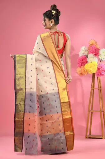 Off White Pure Cotton Tant Saree With Zari Border Without Blouse