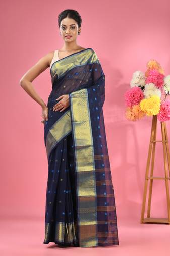 Midnight blue pure cotton tant saree with zari border