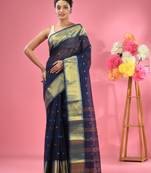 Midnight blue pure cotton tant saree with zari border