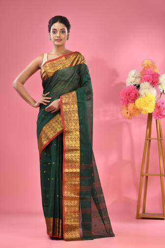 Dark Green Pure Cotton Tant Saree With Zari Border Without Blouse