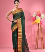 Dark Green Pure Cotton Tant Saree With Zari Border Without Blouse