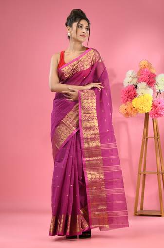 Purple Pure Cotton Tant Saree With Zari Border Without Blouse