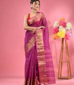 Purple Pure Cotton Tant Saree With Zari Border Without Blouse