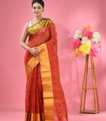 Brick Red Pure Cotton Tant Saree With Zari Border Without Blouse