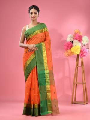 Orange Pure Cotton Tant Saree With Woven Designs Without Blouse 1
