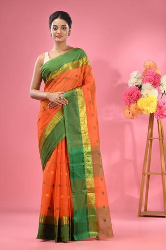 Orange Pure Cotton Tant Saree With Woven Designs Without Blouse