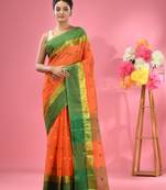 Orange Pure Cotton Tant Saree With Woven Designs Without Blouse