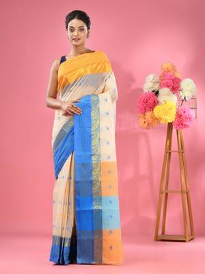 Off white pure cotton tant saree with woven designs 1