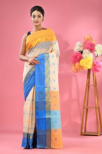 Off white pure cotton tant saree with woven designs