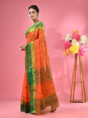 Orange Pure Cotton Tant Saree With Woven Designs Without Blouse 2