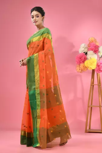 Orange Pure Cotton Tant Saree With Woven Designs Without Blouse