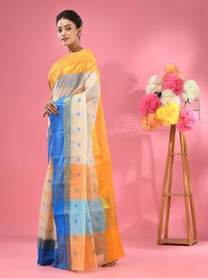 Off white pure cotton tant saree with woven designs 2