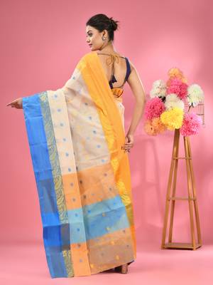 Off white pure cotton tant saree with woven designs 3