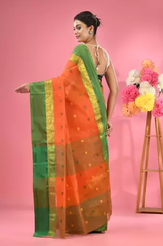 Orange Pure Cotton Tant Saree With Woven Designs Without Blouse