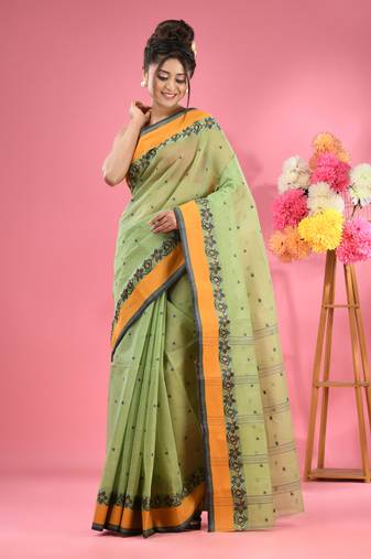 Pear Green Pure Cotton Tant Saree With Woven Designs Without Blouse
