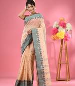 Cream Pure Cotton Tant Saree With Woven Designs Without Blouse