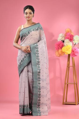 Seashell White Pure Cotton Tant Saree With Woven Designs Without Blouse