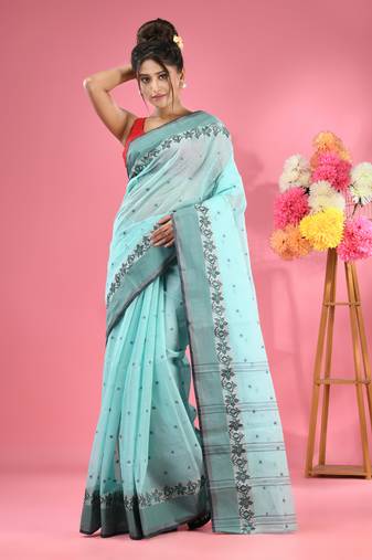 Sea Green Pure Cotton Tant Saree With Woven Designs Without Blouse