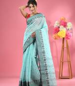 Sea Green Pure Cotton Tant Saree With Woven Designs Without Blouse