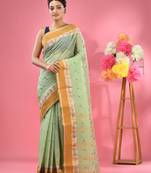 Pistachio Green Pure Cotton Tant Saree With Woven Designs Without Blouse
