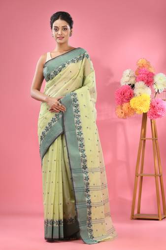 Olive Green Pure Cotton Tant Saree With Woven Designs Without Blouse
