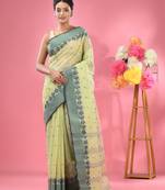 Olive Green Pure Cotton Tant Saree With Woven Designs Without Blouse