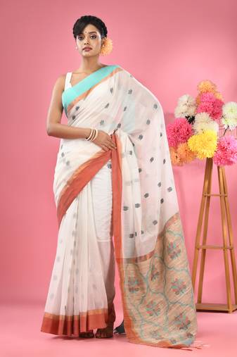 White cotton handspun handwoven saree with jute weaving pallu