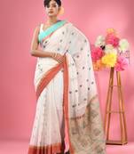 White cotton handspun handwoven saree with jute weaving pallu