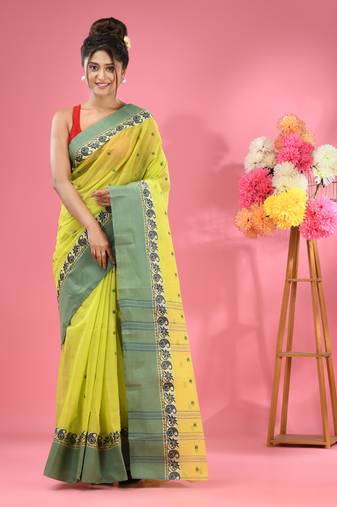 Lime Green Pure Cotton Tant Saree With Woven Designs Without Blouse