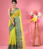 Lime Green Pure Cotton Tant Saree With Woven Designs Without Blouse