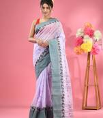 Violet Pure Cotton Tant Saree With Woven Designs Without Blouse