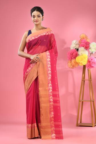 Hot Pink Pure Cotton Tant Saree With Woven Designs Without Blouse