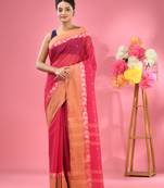 Hot Pink Pure Cotton Tant Saree With Woven Designs Without Blouse