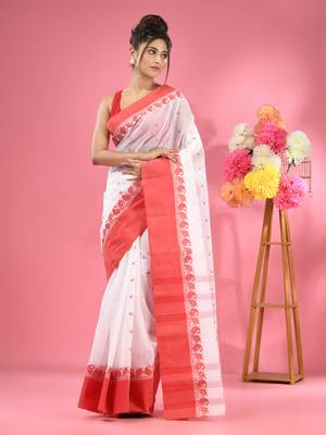 White Pure Cotton Tant Saree With Woven Designs Without Blouse 1
