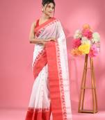 White Pure Cotton Tant Saree With Woven Designs Without Blouse