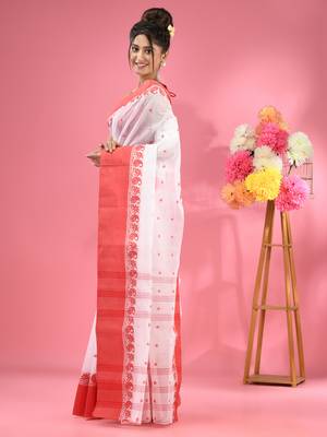 White Pure Cotton Tant Saree With Woven Designs Without Blouse 2