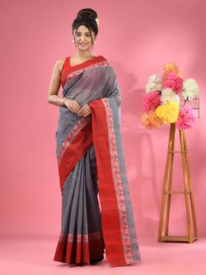 Dark Grey Pure Cotton Tant Saree With Woven Designs Without Blouse 1