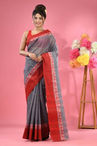 Dark Grey Pure Cotton Tant Saree With Woven Designs Without Blouse