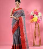 Dark Grey Pure Cotton Tant Saree With Woven Designs Without Blouse