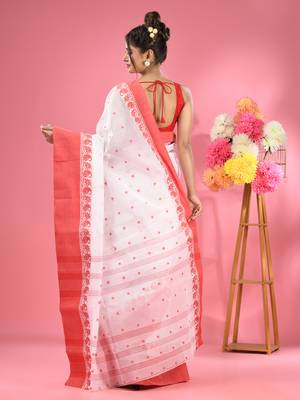 White Pure Cotton Tant Saree With Woven Designs Without Blouse 3