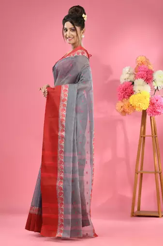 Dark Grey Pure Cotton Tant Saree With Woven Designs Without Blouse