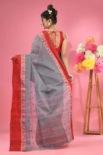 Dark Grey Pure Cotton Tant Saree With Woven Designs Without Blouse