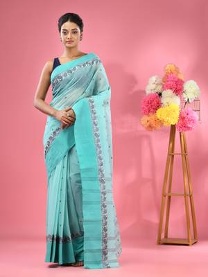 Sea Green Pure Cotton Tant Saree With Woven Designs Without Blouse 1
