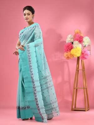 Sea Green Pure Cotton Tant Saree With Woven Designs Without Blouse 2