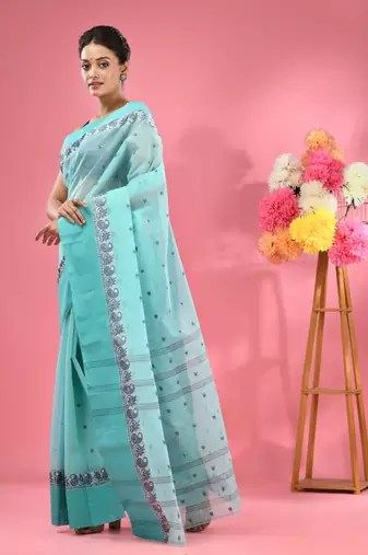Sea Green Pure Cotton Tant Saree With Woven Designs Without Blouse