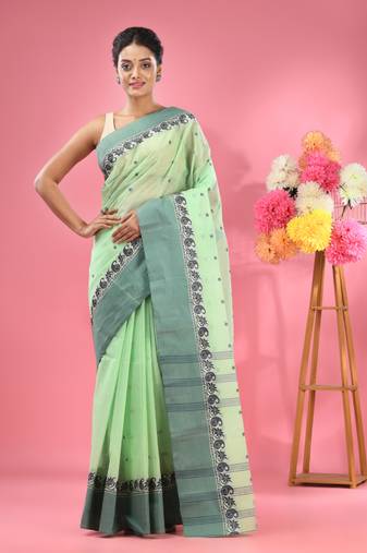 Lime Green Pure Cotton Tant Saree With Woven Designs Without Blouse