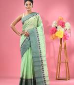 Lime Green Pure Cotton Tant Saree With Woven Designs Without Blouse