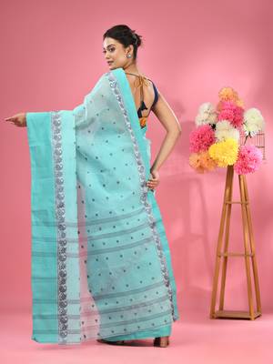 Sea Green Pure Cotton Tant Saree With Woven Designs Without Blouse 3