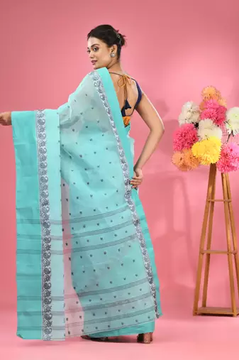 Sea Green Pure Cotton Tant Saree With Woven Designs Without Blouse